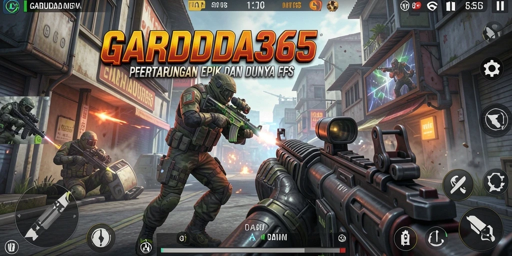 Screenshot GARUDA365 menampilkan aksi tembak-menembak yang intens di arena pertarungan.
